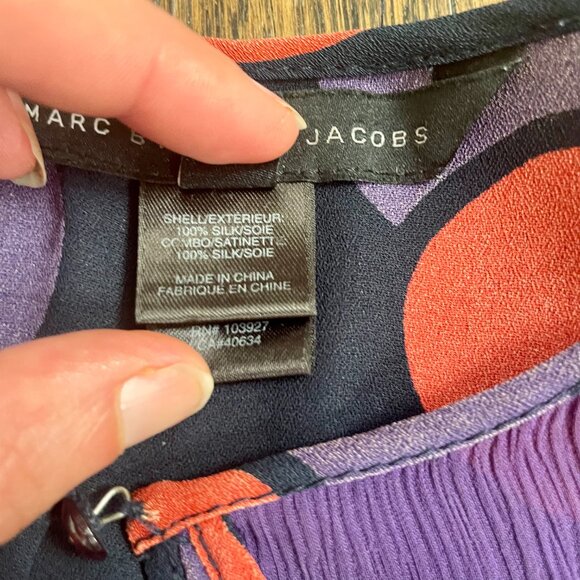 Marc by Marc Jacobs Navy Circle Print Wrap Dress Size 2 Silk Short Sleeve Ruffle - Picture 3 of 8